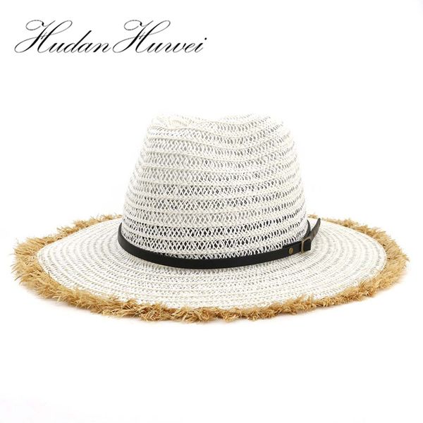 

summer paper straw british jazz cap hat flat brim panama style beach sun hats women sunshade cap belt buckle cowboy hat, Blue;gray