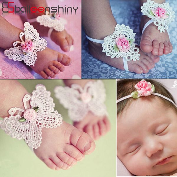 

balleenshiny 3pcs flower headband baby girls barefoot sandals hair accessories elastic fashion foot decoration kids gift kg-212, Slivery;white