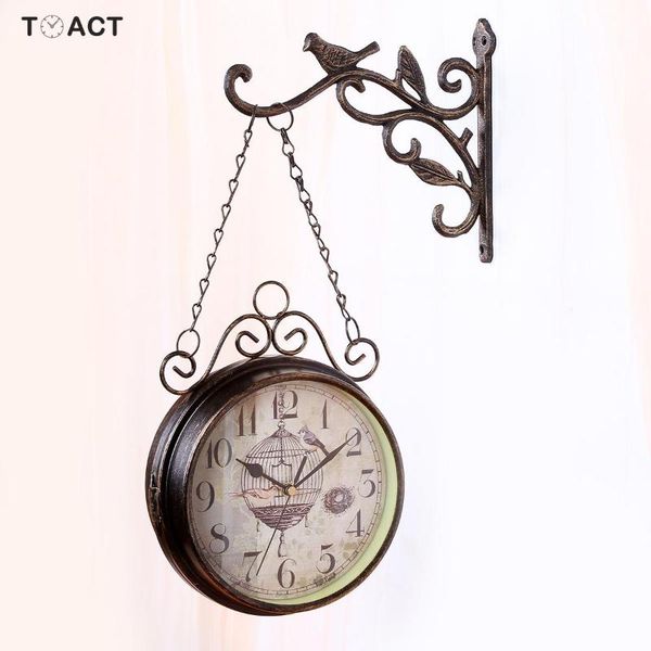 

retro double sided wall clock simple silent quartz clock wrought iron round for living room home decoration