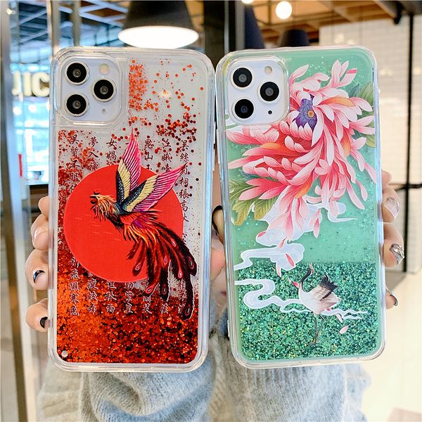 

dynamic quicksand liquid glitter case for iphone 11pro max se xs max xr x 6 6s 7 8 plus chinese style phoenix flower soft cover