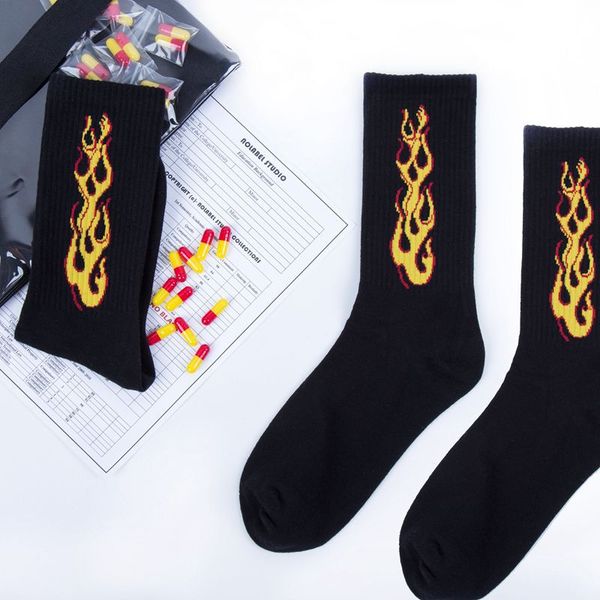 

men's socks flame printing cotton harajuku hip hop street dance skateboard men women sports couple sokken calcetines hombre sox, Black
