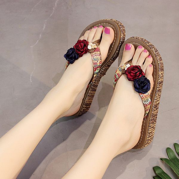 

5cm high heel women's flip-flops thick bottom fashion casual slippers ladies beach sandals non-slip slippery heel sandals shoes, Black
