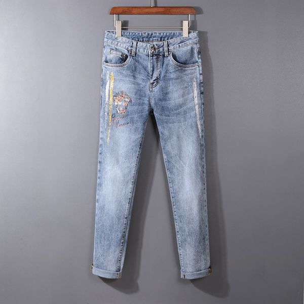 

2020 new straight brand men ripped jeans trousers fashion brand design denim pants retro hole mens slim fit jeans, Blue