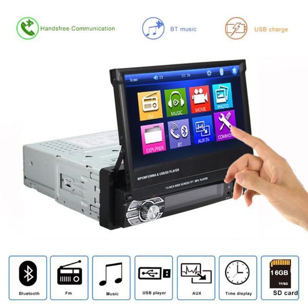 

1din car radio gps navigation vedio player 7" retractable screen auto audio stereo bluetooth mirror link aux fm rear view camera