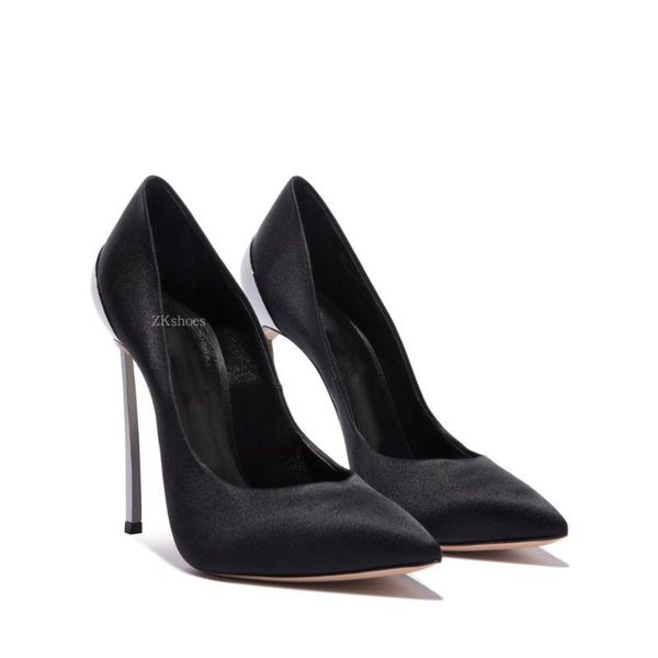 

2020 autumn new fashion 12cm metal heel pointed pump women's shoes large size stiletto high heel satin women's single shoes, Black
