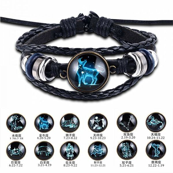 

12 constellation bracelet luminous leather bracelets charms zodiac sign bracelets leo virgo libra gemini for man woman jewelry, Golden;silver