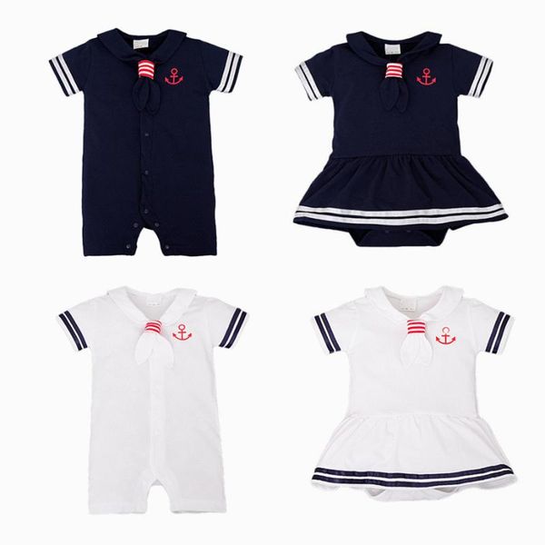 

baby romper boys girls short sleeve stretchie jumpsuit dress creeper set toddler boys sailor stripe romper marine navy outfit, Blue