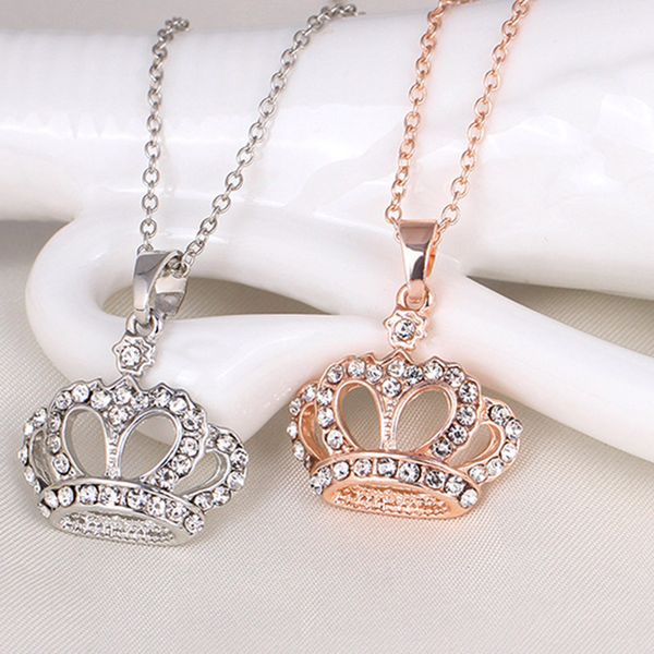 

forseven fashion gold/silver color link chain choker crystal tiara crown pendant necklaces women girl birthday party jewelry