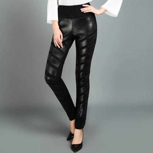 

2020 winter fashion women's genuine leather pants high waist casual sheep skin trousers female black stretch pencil pants l1590, Black;white