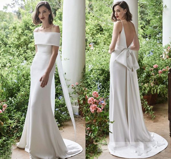 Meerjungfrau-Hochzeitskleider, schlichtes Brautkleid mit Spaghettiträgern, elegante rückenfreie Brautkleider mit großer Schleife, weißes Kleid