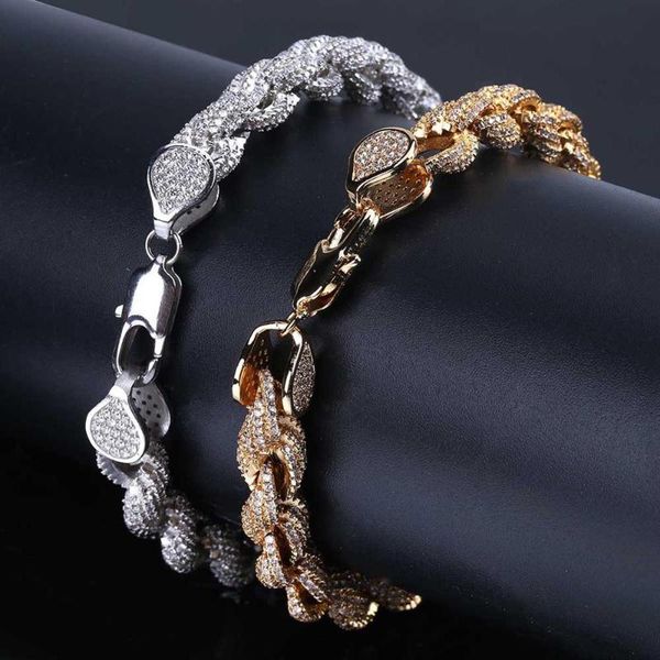 

full + cz zircon paved out twist rope link chain bracelets for men bling rapper jewelry gold silver color, Black