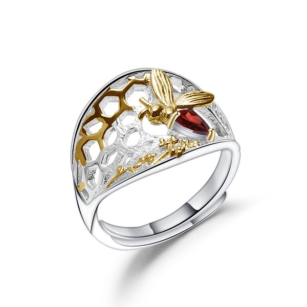 

gem's ballet bee's honey collection ring 925 sterling silver 0.28ct natural garnet gemstone ring for women jewelry, Golden;silver