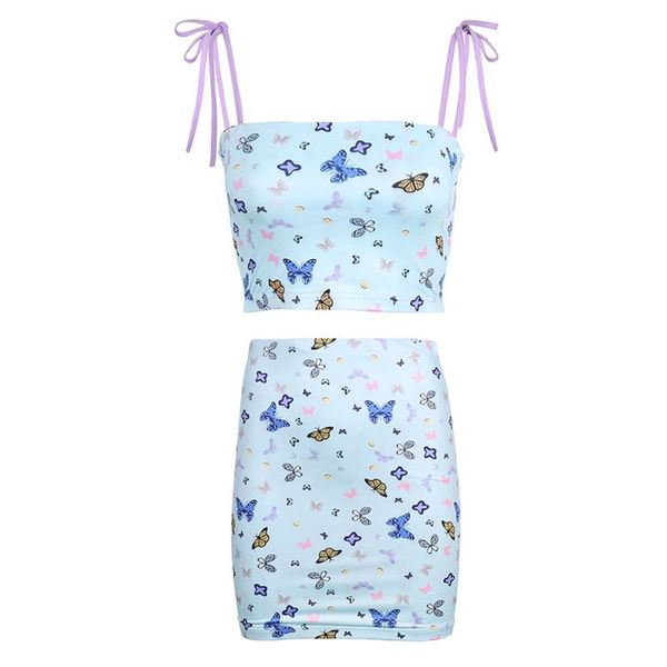 

women bodycon outfit lace-up strappy camis crop high waist mini skirt harajuku butterfly print summer clubwear, Gray