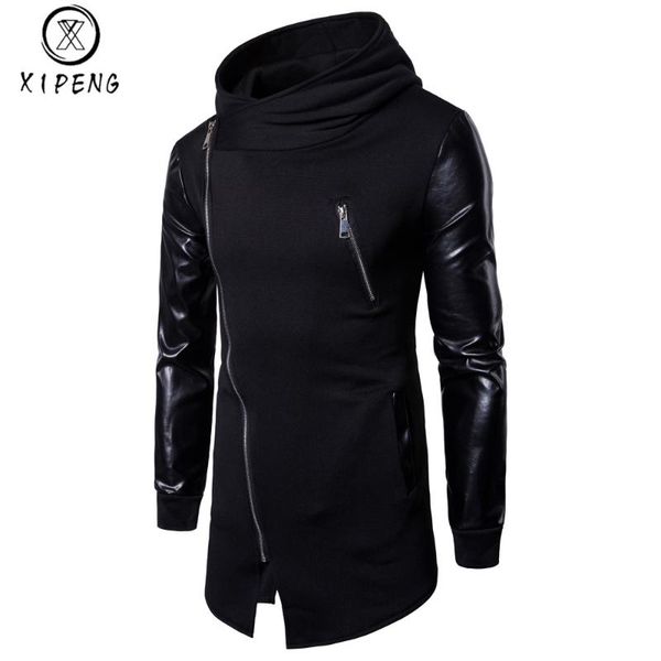

men hoodies pu leather patchwork sweatshirts oblique zipper hip hop hoody fashion jacket long sleeve male irregular outwear coat, Black