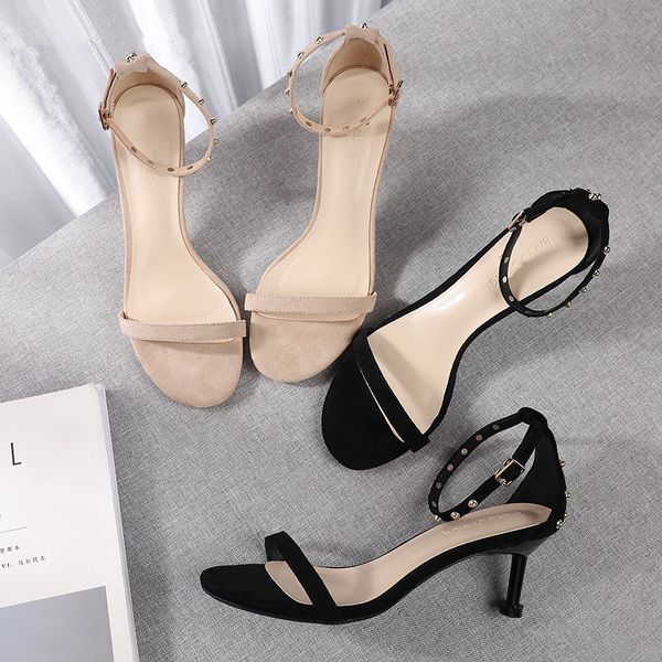 

sandals shoes woman 2020 new summer thin 6.5cm high heels solid faux suede leather flock peep toe elegant ankle strap heels, Black