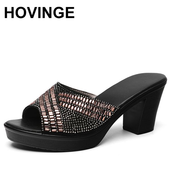 

hovingewomen slipper 2020 ladies summer slippers shoes women high heels fashion platform rhinestone summer shoes non-slip, Black