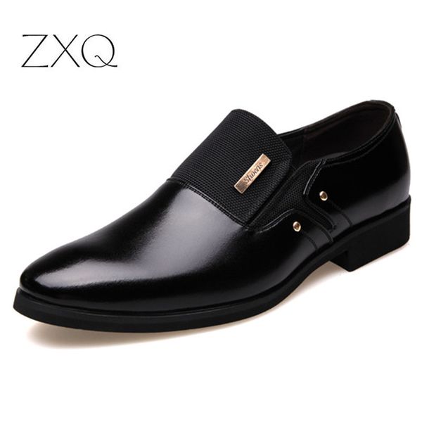 

2020 new fashion slip on leather pointed toe men dress shoes business wedding oxfords formal shoes for male big size 38-47, Black