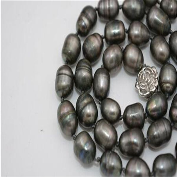 

nouveau naturel 9-10mm riz de tahiti noir gris collier de perles 18", Silver