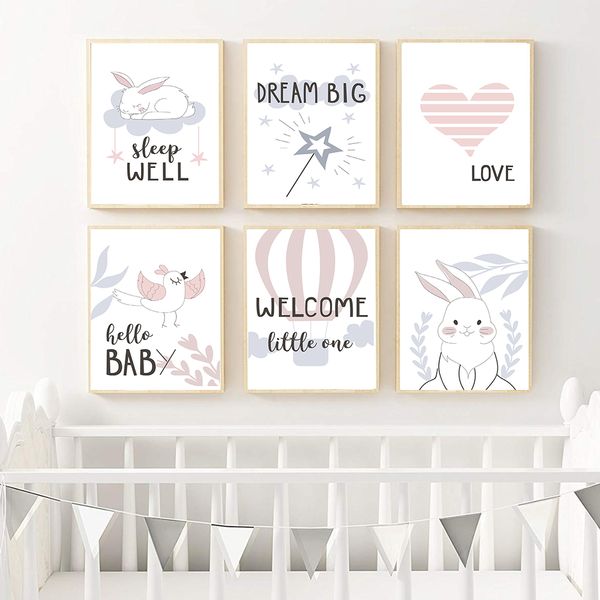 

baby nursery wall art canvas print cartoon rabbit heart posters simple painting decorative balloon dream big kids bedroom decor