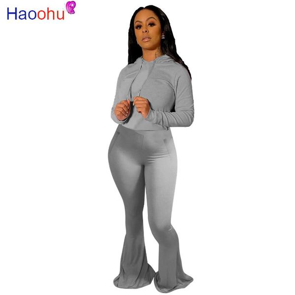 

women's tracksuits haoohu active wear set hooded wide leg flare bellbottom pants suit tracksuit sport two piece fitness outfit, Gray