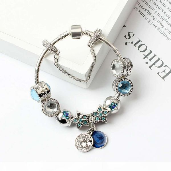 

new charm bracelets for blue cats eyes beads bracelet 925 silver bracelets bright stars moon bangle diy jewelry, Golden;silver
