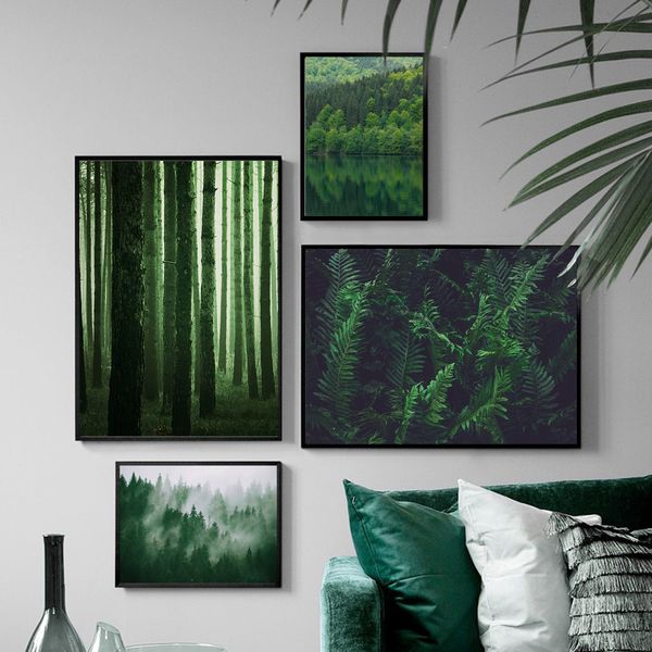 

green fresh fern leaves forest lake wall art canvas painting nordic posters and prints wall pictures for living room home decor