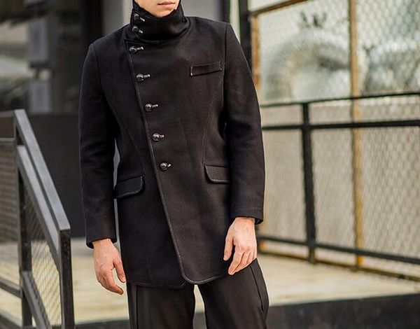 

m-2xl winter men new fashion long coat buttons turtleneck slant cloth coat, Black
