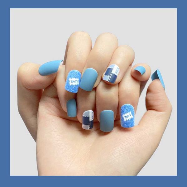 

false nails 24pcs denim blue sky wearable fake nail pieces sweet suitable girls daily wear fresh beauty tools dl, Red;gold