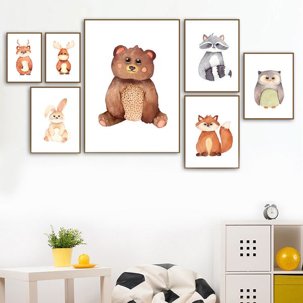 

bear fox rabbit deer owl elk raccoon nursery wall art canvas painting nordic posters and prints wall pictures baby room decor