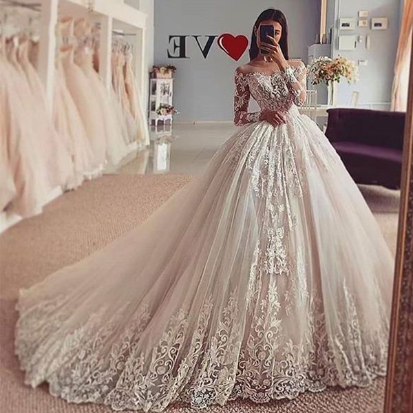 

Chic Long Sleeves Lace Appliques Wedding Dresses Ball Gown Bridal Gowns Plus Size illusion Marriage Princess Party Dress 2020 vestidos de no