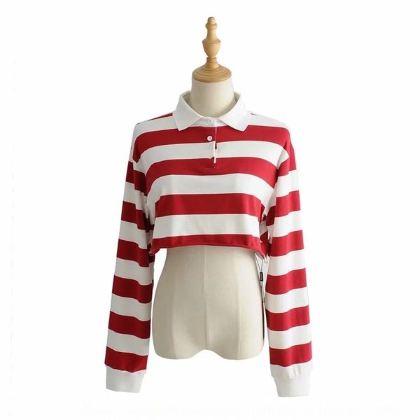 

w01-20 summer korean style loose t-shirt striped wind navel short small lapel long sleeve t-shirt ejaqu, White
