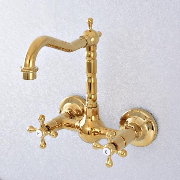 

gold color brass kitchen bathroom basin sink faucet vessel tap mixer tap dual handles wall mounted lsf618