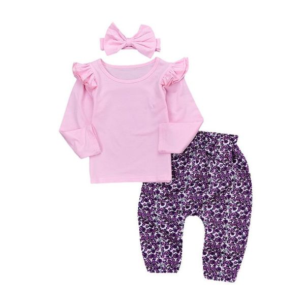 

pink color lovely newborn toddler baby girls shirt floral pants bow 3pcs outfits set clothes drop shipped st28, White