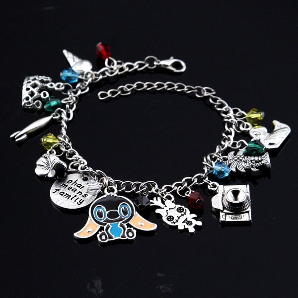 

zxmj cartoon lilo & stitch charm bracelet ohana means family camera crown flower bracelets halloween jewelry gift for women girl, Black