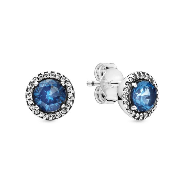 

925 sterling silver women luxury designer classic elegance round sparkle blue crystals & clear cz stones stud earrings with pandora gift box, Golden;silver