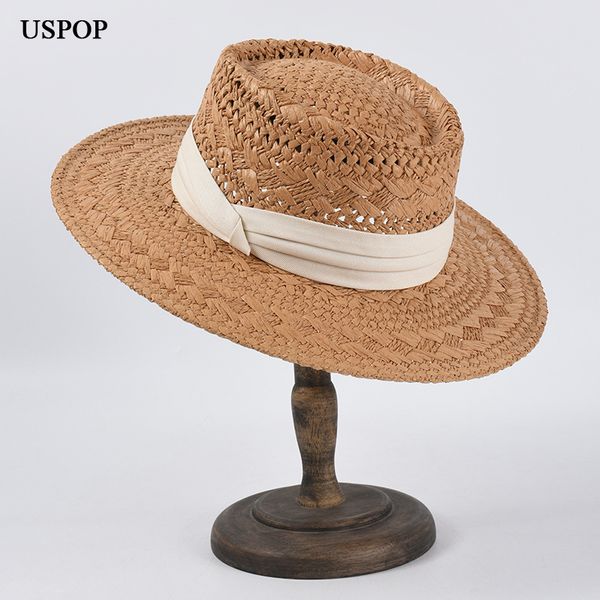 

uspop women's summer hand-woven panama straw hat male concave hat sun breathable beach, Blue;gray