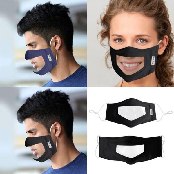 

window mask visible face washable cover pvc clear visible with dust of face mouth reusable elasticity people adults hearing deaf hard scmcv, Black
