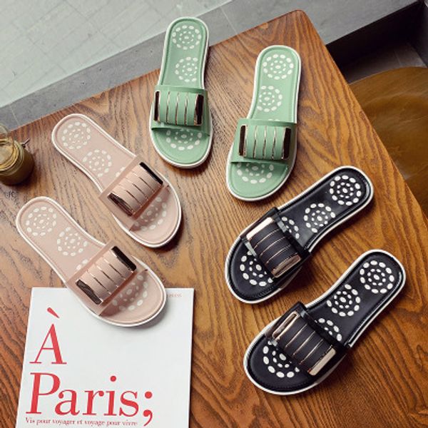 

2020 spring and summer simple flat heel metal hollow word slippers female summer new korean elegant wear slippers, Black