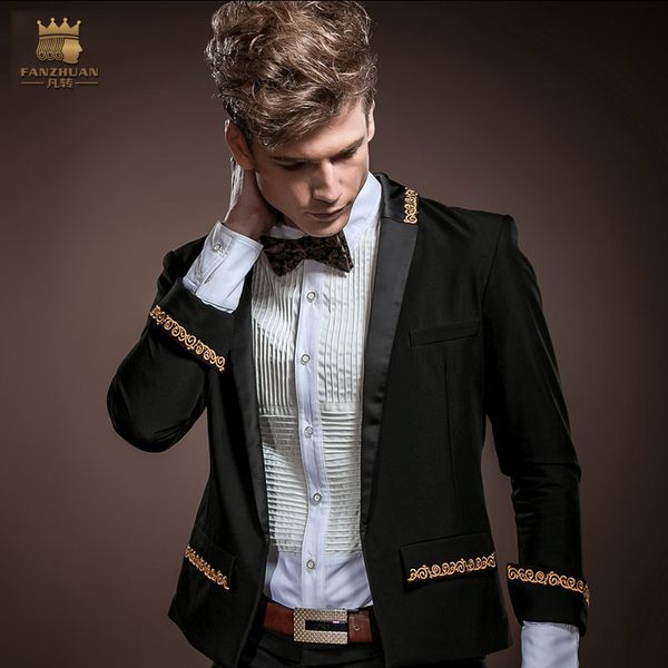 

fanzhuan men's male fashion casual new korean cloth spring autumn dress 3/4 sleeves coat embroidered blazer 14006, White;black