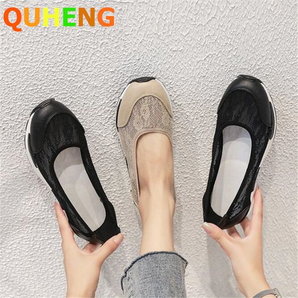 

2020 new women shoes round head shallow soft bottom slip-on casual shoes breathable lace mesh female flats high quality, Black