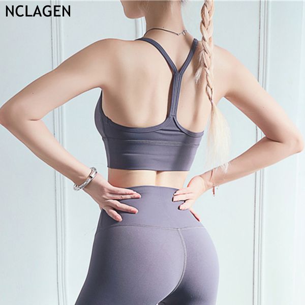 

nclagen women yoga bras type y beautiful back high impact sport bra gym running halter fitness stretchy push-up crop top, White;red