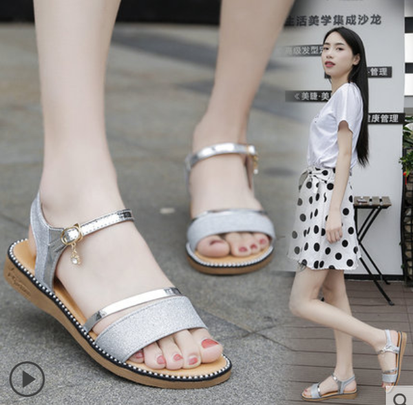 

women's sandals 2020 summer new fashion crystal cool film word buckle student women's shoes wedge heel female flat sandals, Black