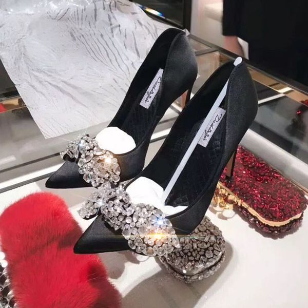 

2020 summer luxury bow crystal designer high heels shoes women pumps runway brand pointed toe ladies party wedding sandals shoes, Black