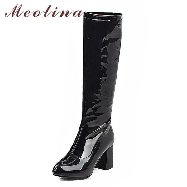 

meotina knee-high boots ботинки женщин zipper высокой пятки сапоги дамы остроконечные toe коренастый пятки long winter черный зеленый размер, Black
