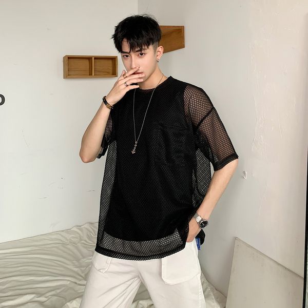 

new men summer 2 pcs комплекты с коротким рукавом сетки тис рубашки tank мужской унисекс streetwear сыпучие hip hop готические футболки stag, White;black