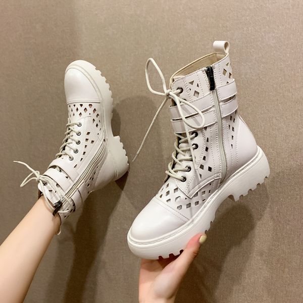 

hollow design ventilation short boots new trend martin boots versatile high heel and thick sole simplicity british style women shoes, Black
