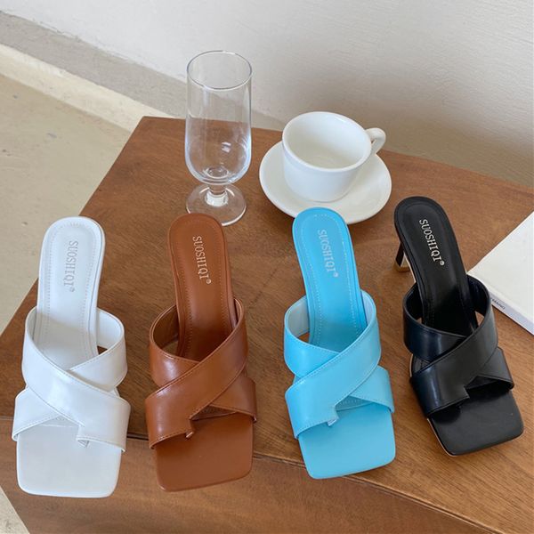 

2020 luxury women slides 7cm high heels mules fetish summer slip on toe sandals low heels slippers prom stripper sandles shoes, Black