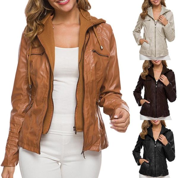 

women's jackets womens winter coat plus size women faux leather pocket motor jacket solid color zipper slim outwear, Black;brown
