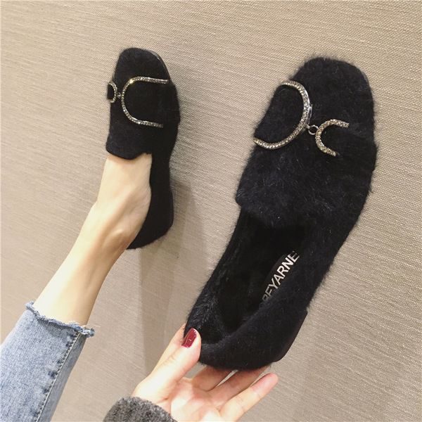 

flat shoes women winter furry shoes apricot black slip on loafers nice quality flat heel fur lining short plush inside 35-41