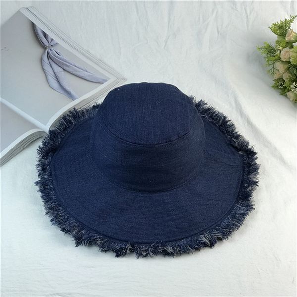 

wide brim hats denim fabric woman sun with tassel, Blue;gray